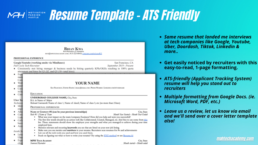 FAANG Resume Template by MPH Tech Academy (ATS - friendly)