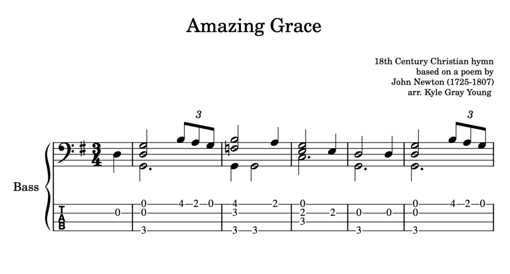 Amazing Grace (fingerstyle bass solo, two versions w/ tablature)
