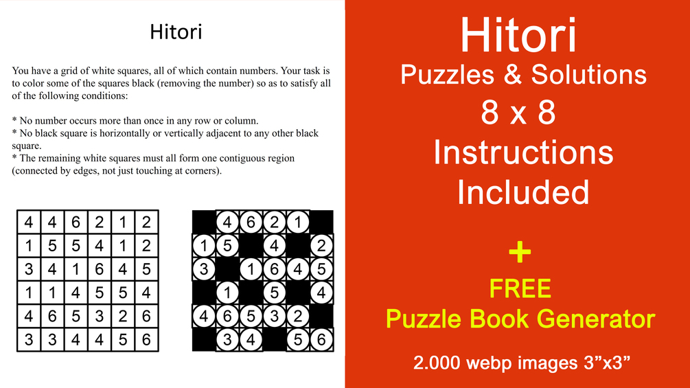 1.000 Hitori 8x8 Puzzles + Solutions Plus FREE Puzzle Book Generator!
