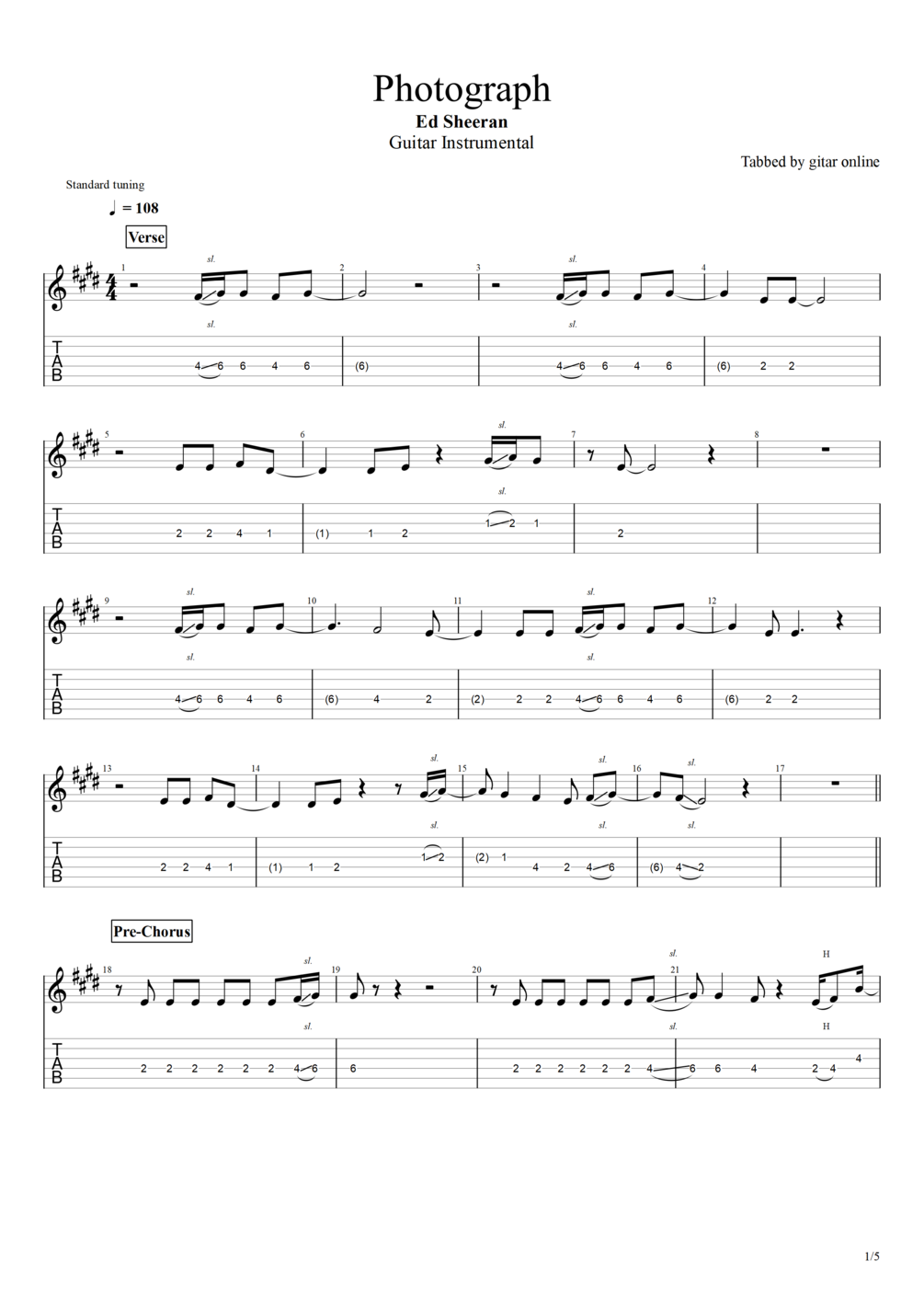 TAB. Photograph Ed Sheeran (Guitar Instrumental)