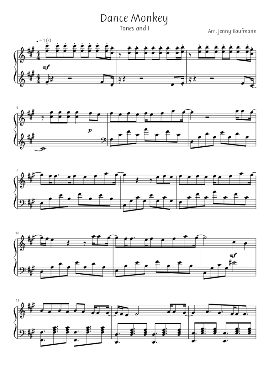 Piano Sheet Music Dance Monkey Tones and I