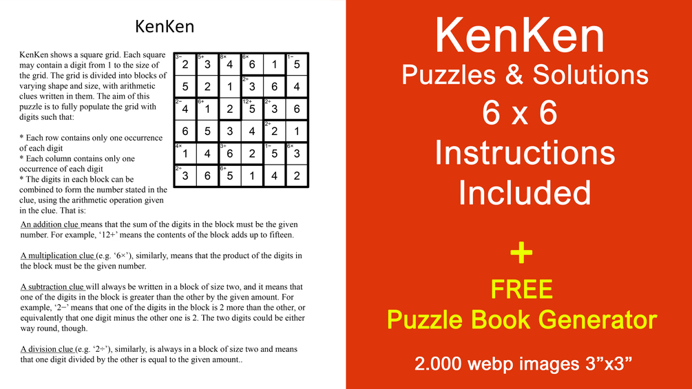 1.000 KenKen 6x6 Puzzles + Solutions Plus FREE Puzzle Book Generator!