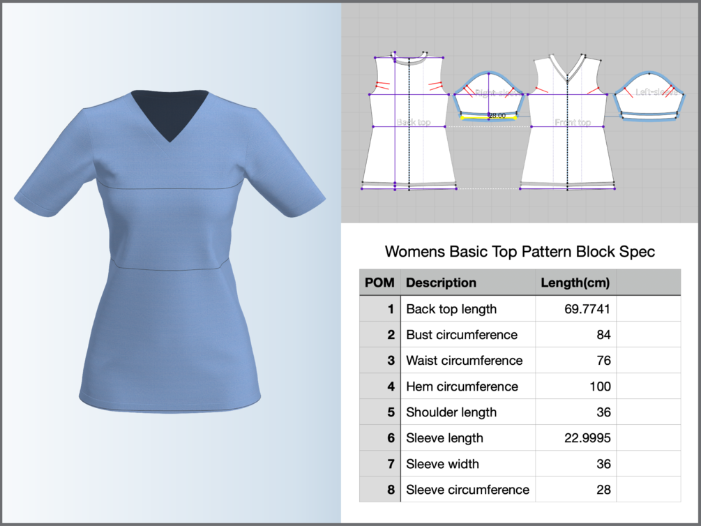 Women's Basic V-neck Top DXF/PDF Patterns for CLO3D/Ai