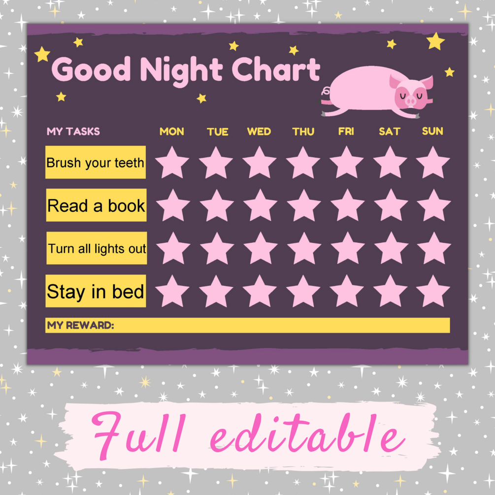 Good night reward chart and kids chore chart printables to learn routines