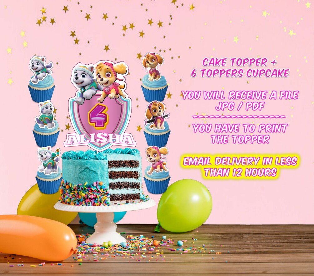 Paw Patrol 5 pink cake topper, + cupcakes topper - Digital File - You ...