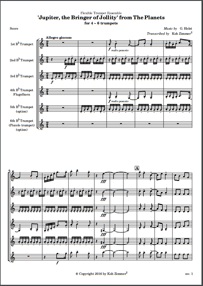 Trumpet Ensemble Sheet music 'Jupiter, the Bringer of Jollity' from