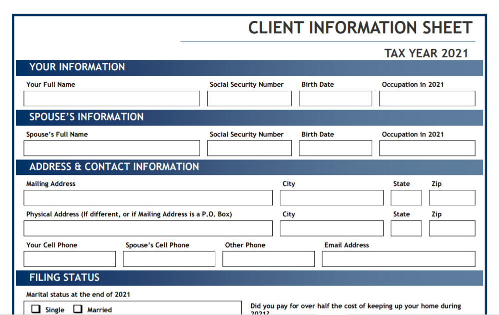 Printable Tax Client Information Sheet Template