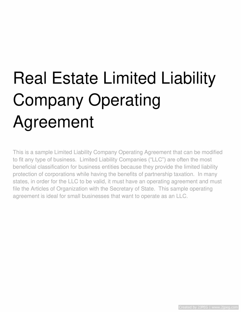 Real Estate Limited Liability Company Operating Agreement