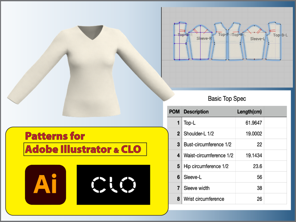 Basic Top Pattern Block Long Sleeve for CLO3D/Ai