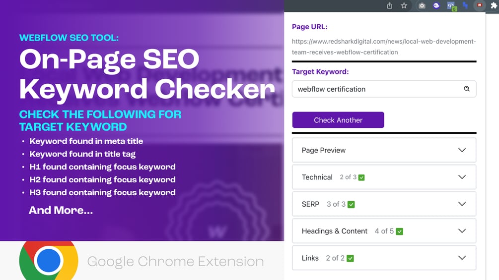 SEO Keyword Checker Google Chrome Extension Works with Webflow
