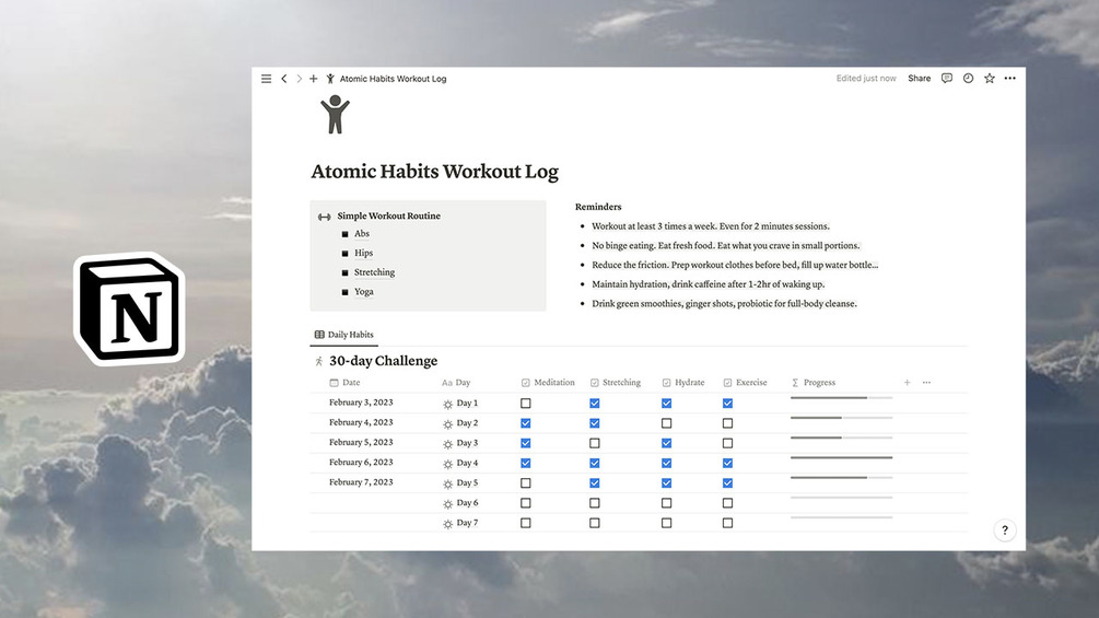 Atomic Habits Notion Workout Log