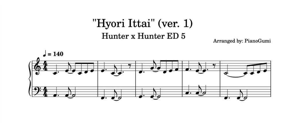 Hunter X Hunter Ed 5 Hyori Ittai Ver 1 Piano Sheet Music