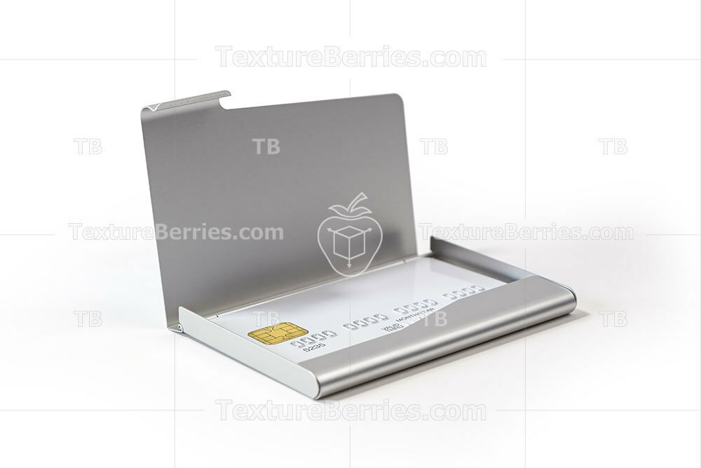 Metal business card holder with white credit card