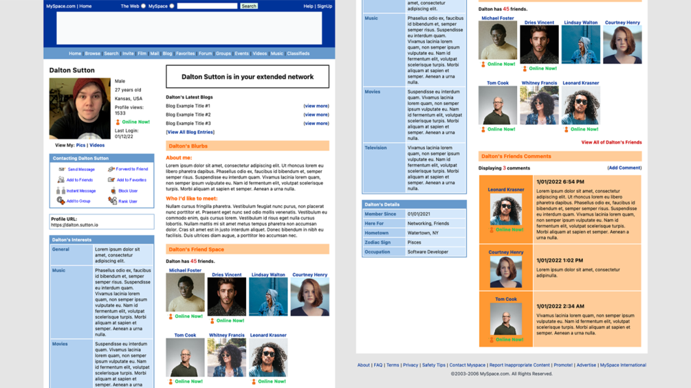 Tailwind CSS v3 Classic Myspace Layout