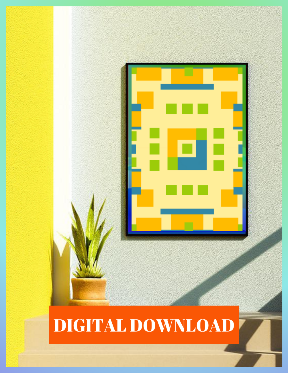 Orange Green and Blue Square Geometric Design on Pastel Background Wall Art