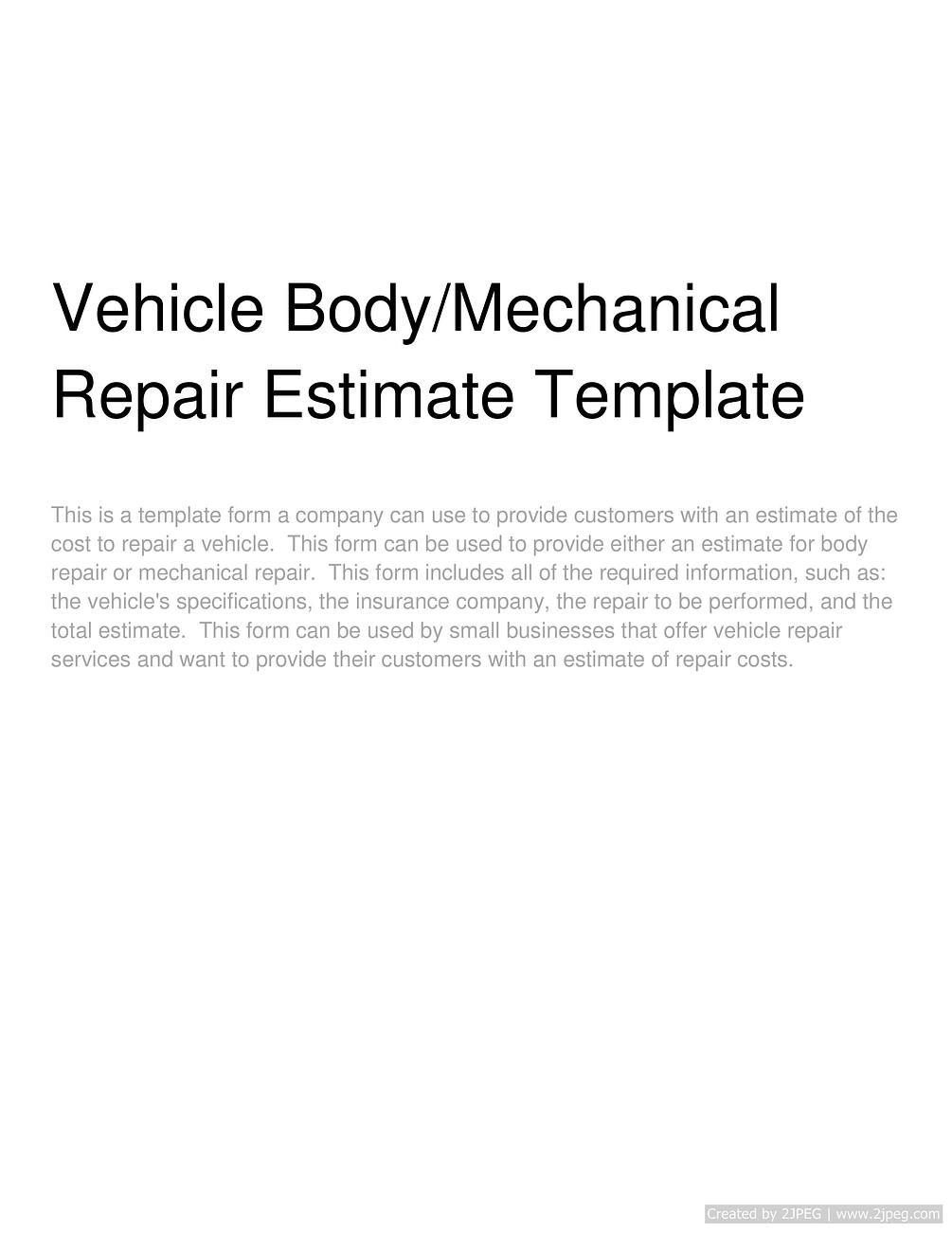 Vehicle Body/Mechanical Repair Estimate Template