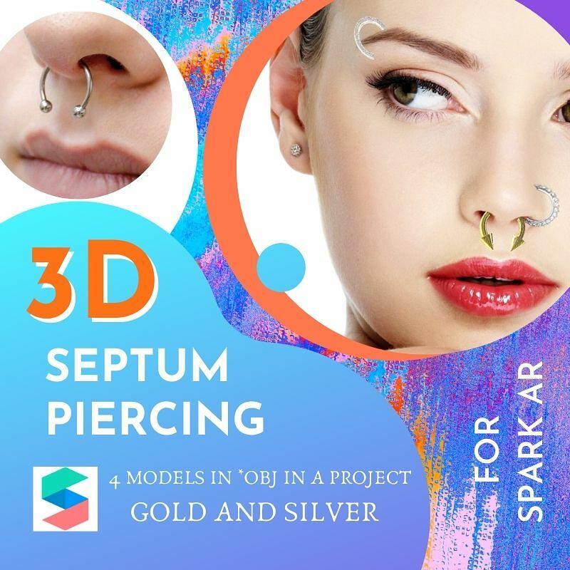 Piercing 3D models Spark AR & Instagram Filter (4 types, gold and silver)