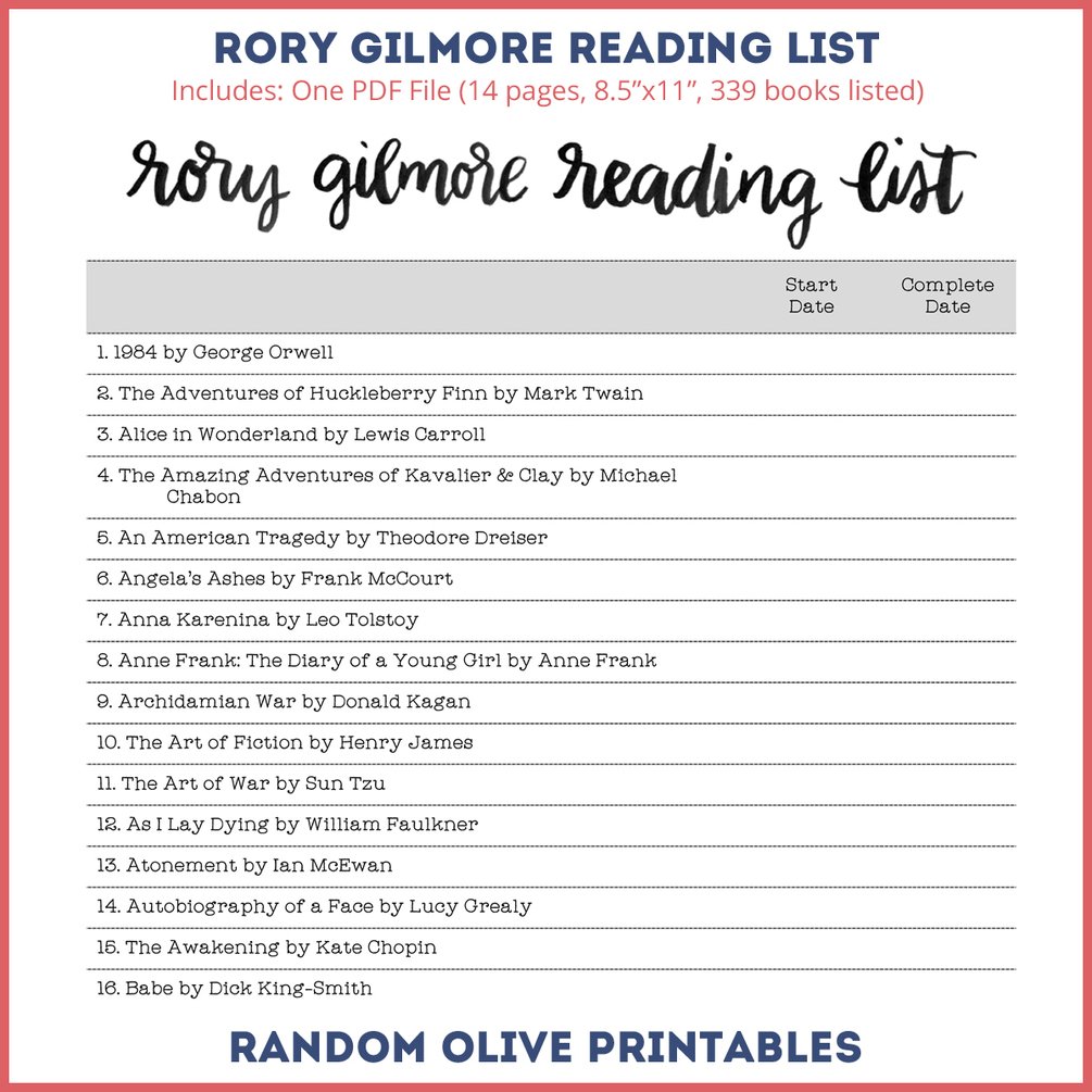 Rory Gilmore Reading List Freebie