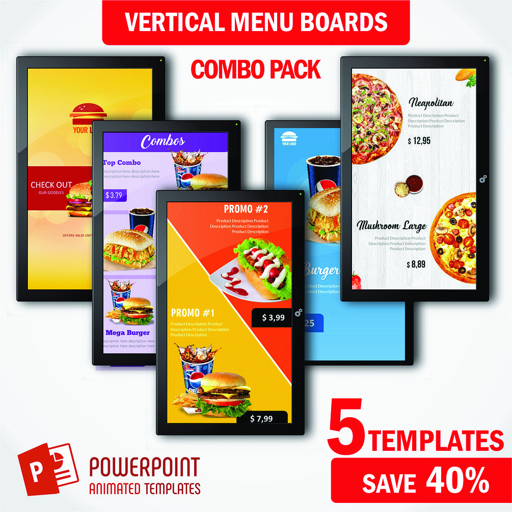 Combo Pack VERTICAL 5 Digital Food Menu PowerPoint Animated Templates