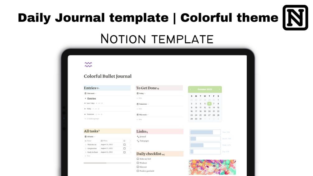 Notion Bullet Journal Daily Digital Template Colorful theme