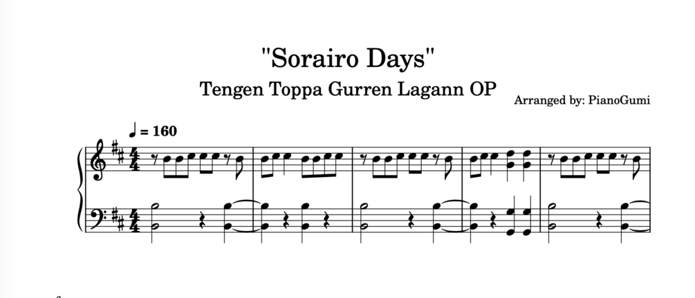 Gurren Lagann Op Sorairo Days Piano Sheet Music