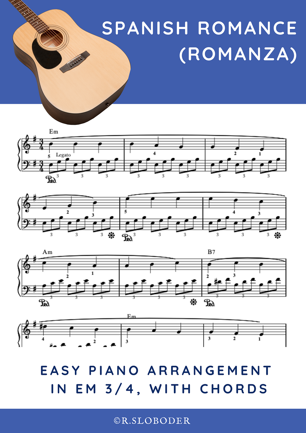 Spanish Romance, Romanza. Easy piano sheet music+midi