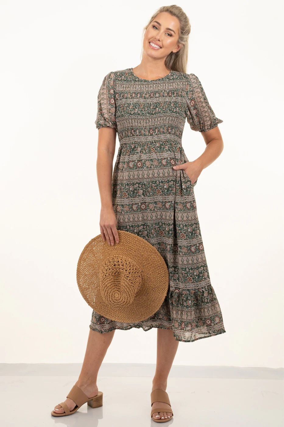 Smocked Field of Green Tier Maternity Dress with Pockets