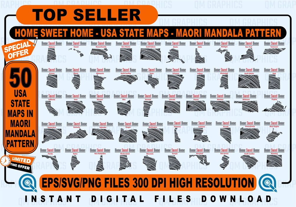50 USA State Maps In Maori Mandala Pattern Bundle Polynesian Decor 