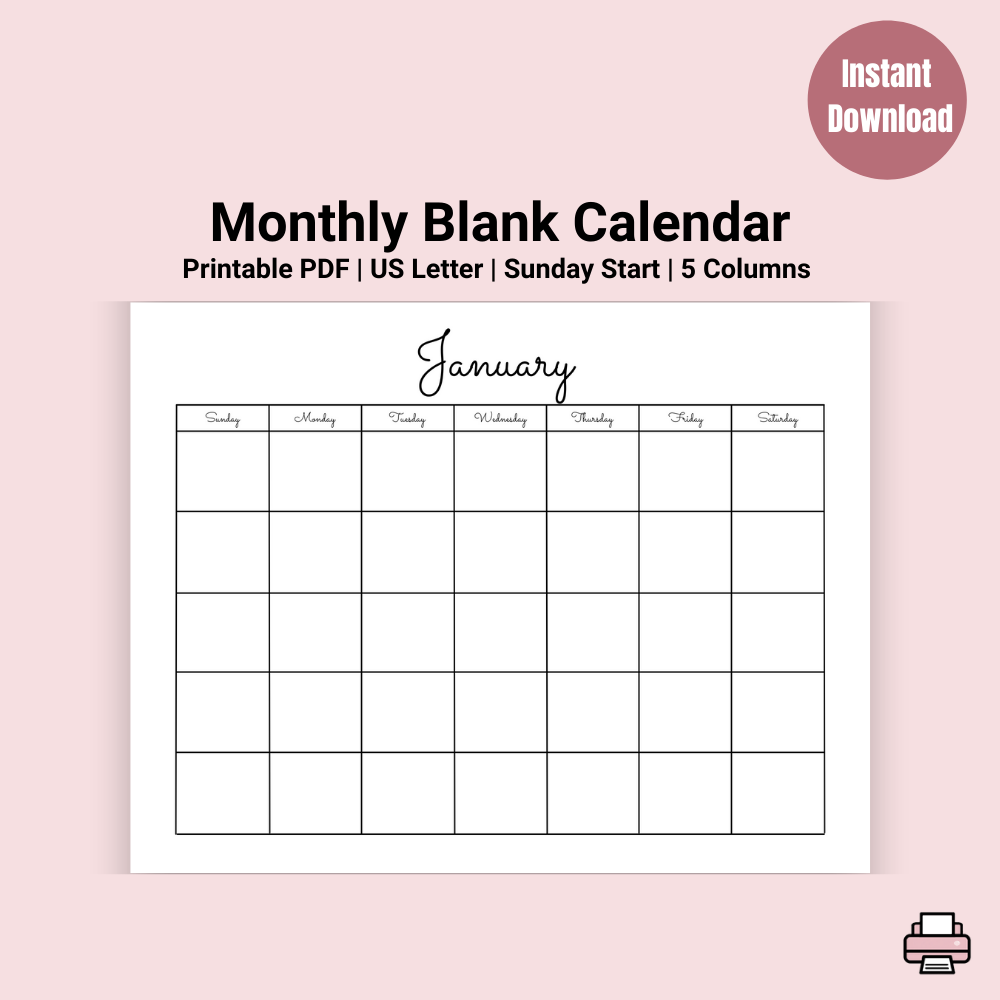 Monthly Blank Calendar Design1 Simple Calendar Horizontal Printable