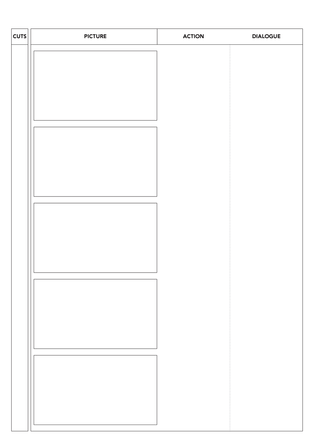 Free PDF Storyboard Template for 169 aspect ratio (1.771) Five frames