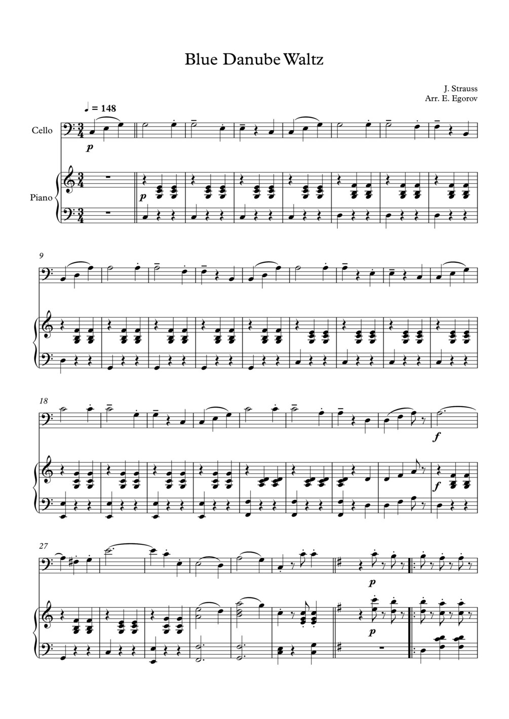 Blue Danube Waltz, Johann Strauss Jr., For Cello & Piano