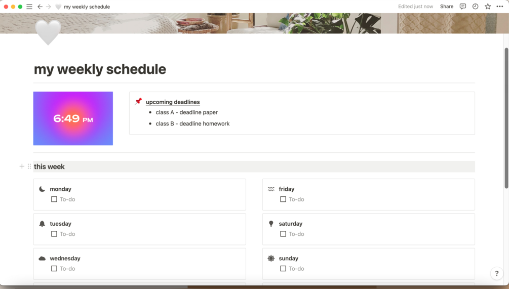 notion template - weekly schedule