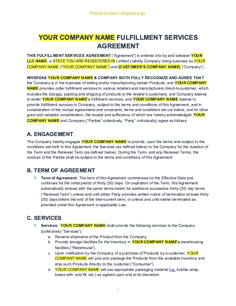 Contract Template for 3PL Owners - E-Commerce Fulfillment Services