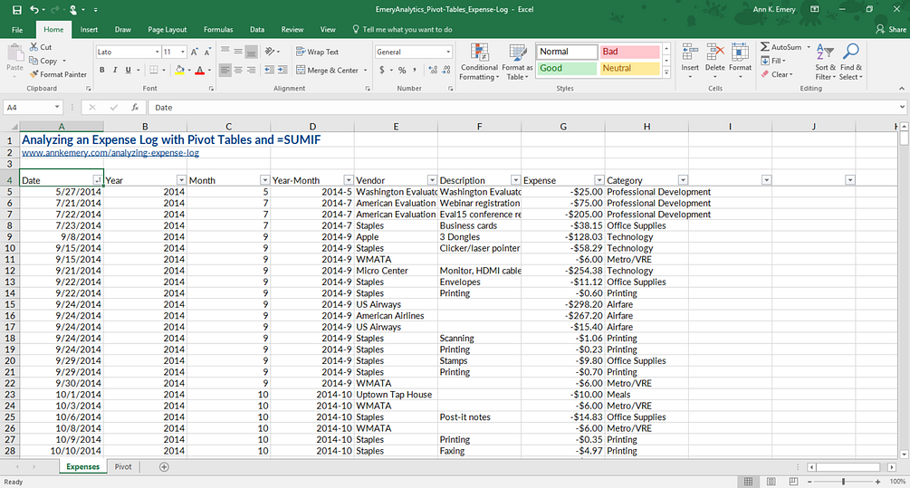 Analyzing an Expense Log with Pivot Tables
