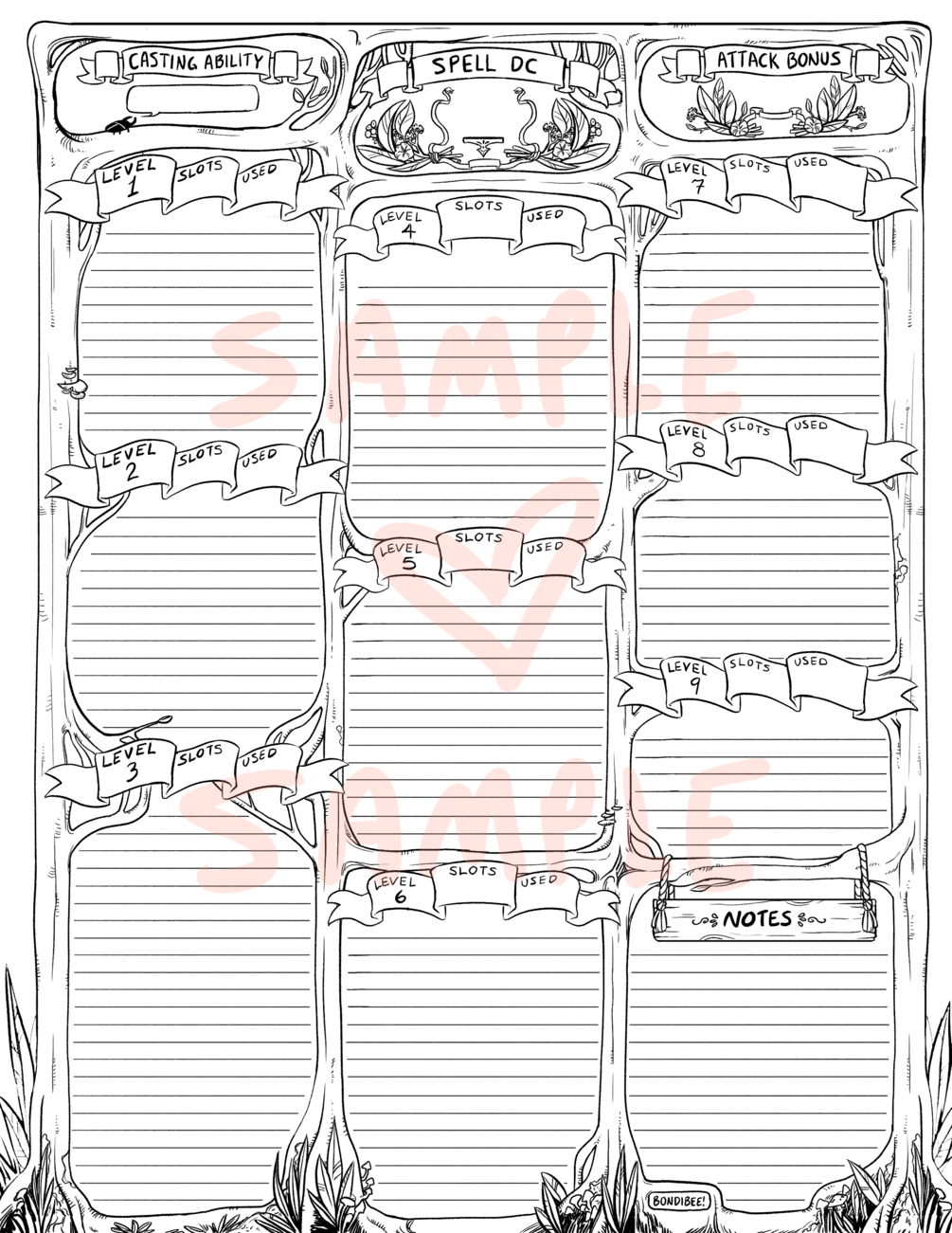 Elven spellcasting sheet printable PDF