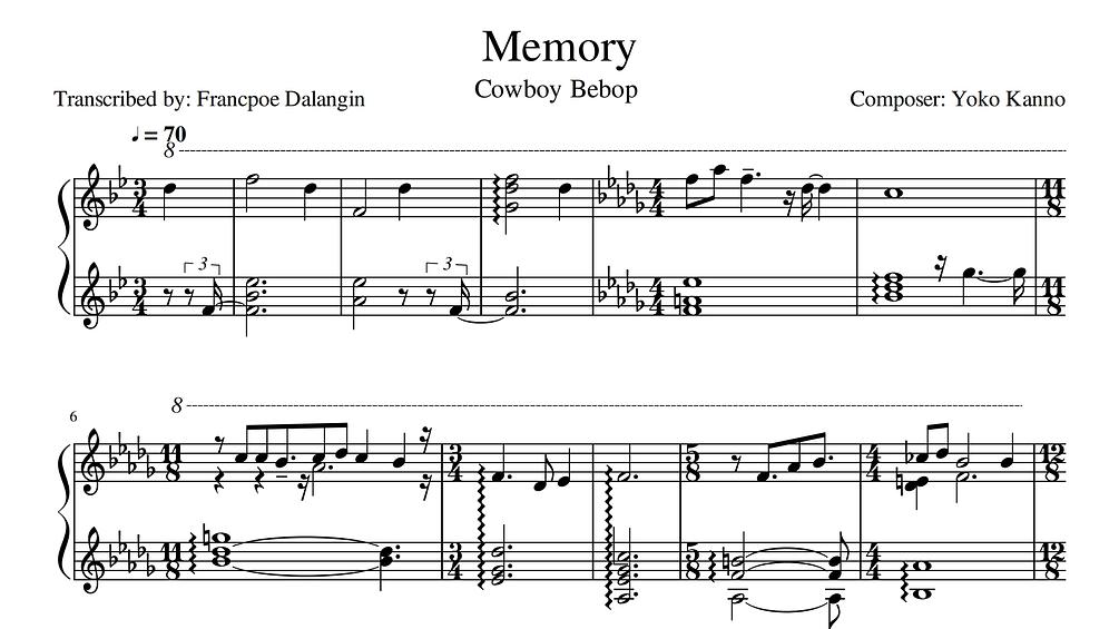 Cowboy Bebop Memory Piano Transcription Sheet Music