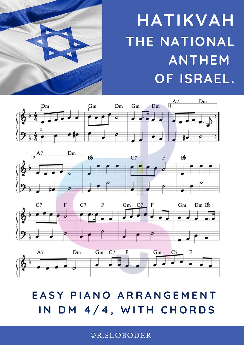 Hatikvah. Easy piano music sheet. The national anthem of Israel.