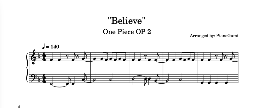 One Piece Op 2 Believe Piano Sheet Music