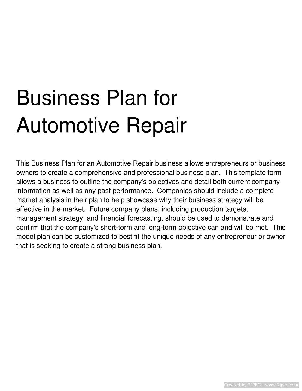 auto repair shop business plan sample