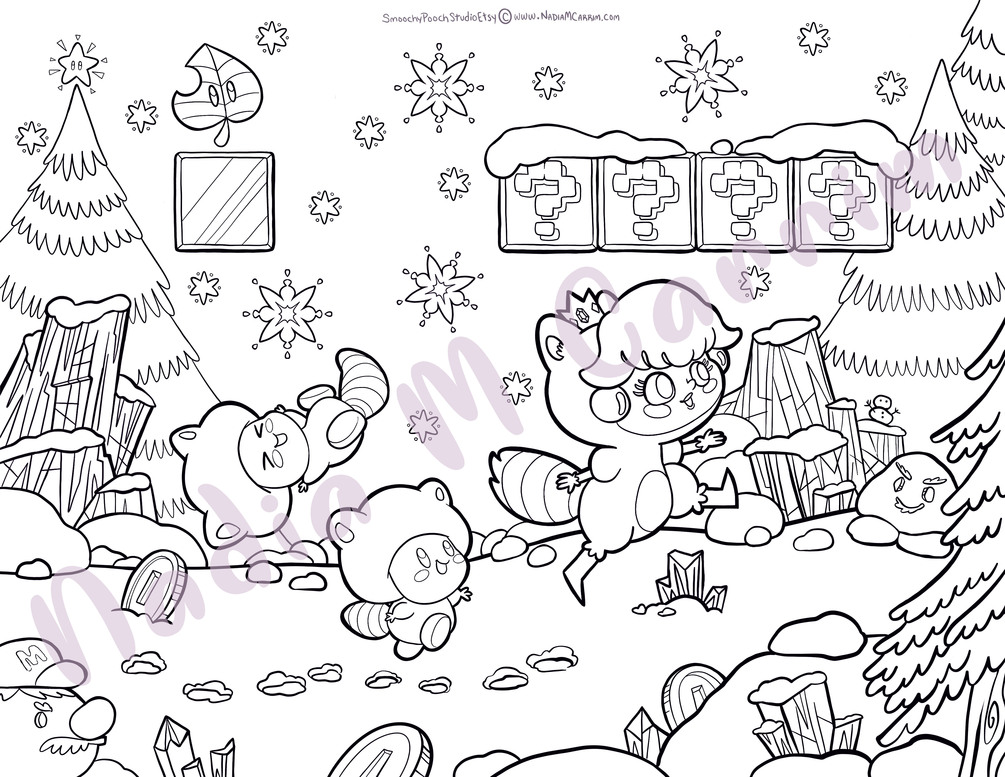 Tanooki Princess Peach and Toads in a winter wonderland Coloring Sheet
