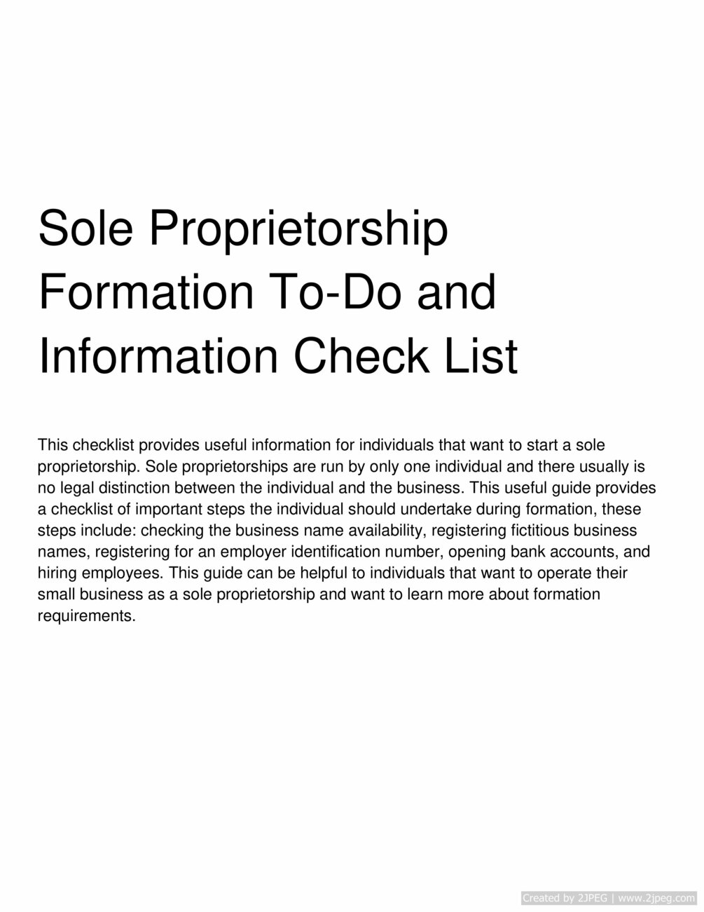 Sole Proprietorship Formation ToDo and Information Check List