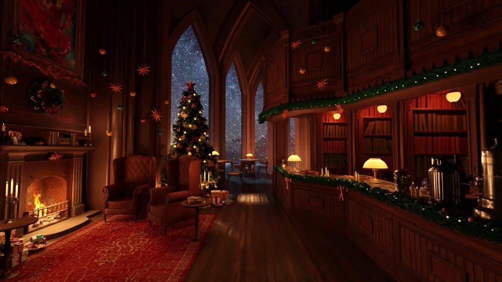 (NO MUSIC) Christmas Coffee Shop Bookstore Ambience with Fireplace and Snowfall