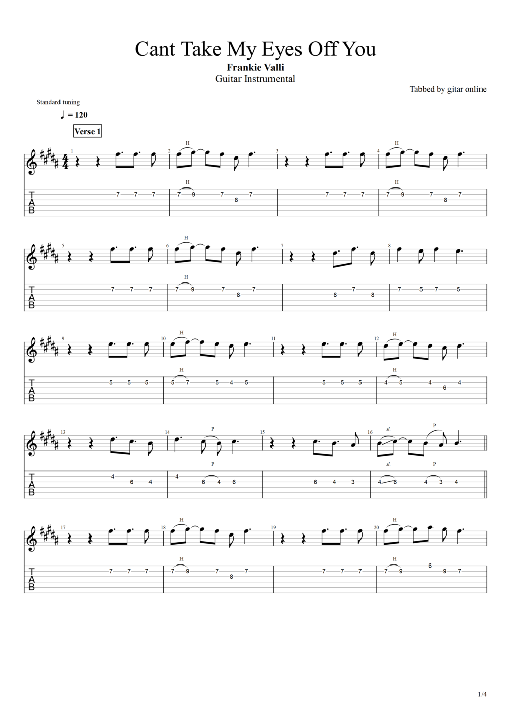 TAB. Cant Take My Eyes Off You Frankie Valli (Guitar Instrumental)