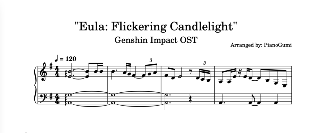 Genshin Impact OST Eula Flickering Candlelight Piano Sheet Music