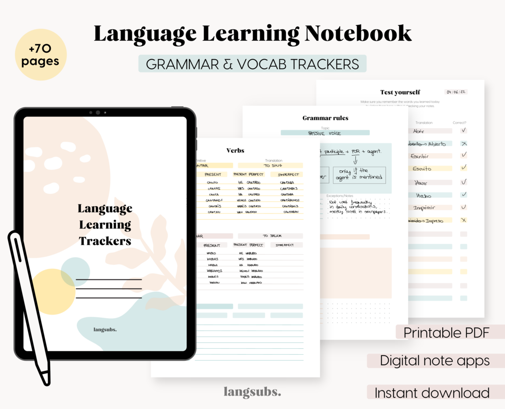 Language Learning Printables PDF Notebook (Grammar + Vocabulary + Media