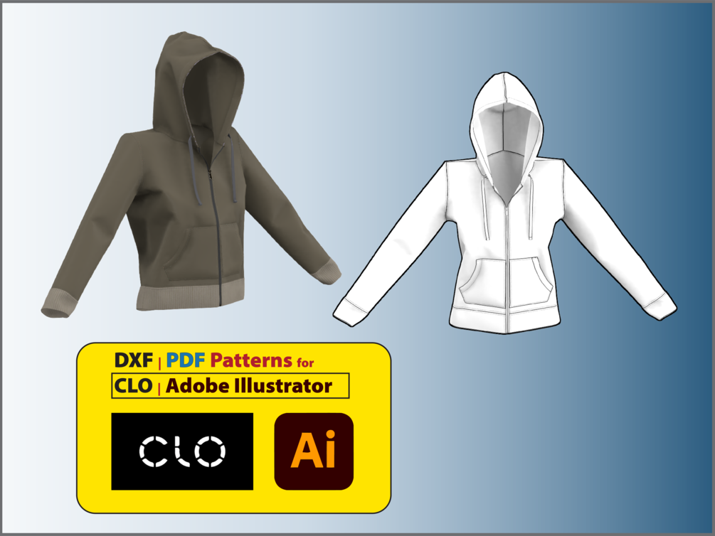 Womens Basic Hoodie Front Zipper Epattern for CLO3D/Ai