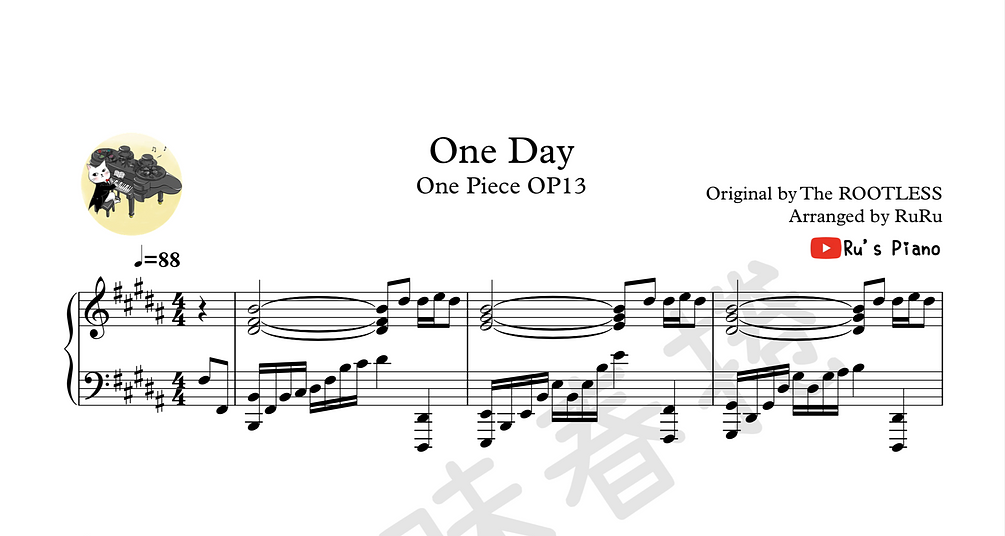 海賊王One Piece OP13 One Day Ru's Piano (Sheet Music PDF)