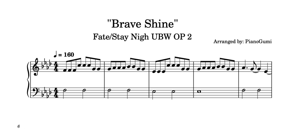Fate Stay Night Ubw Op 2 Brave Shine Piano Sheet Music