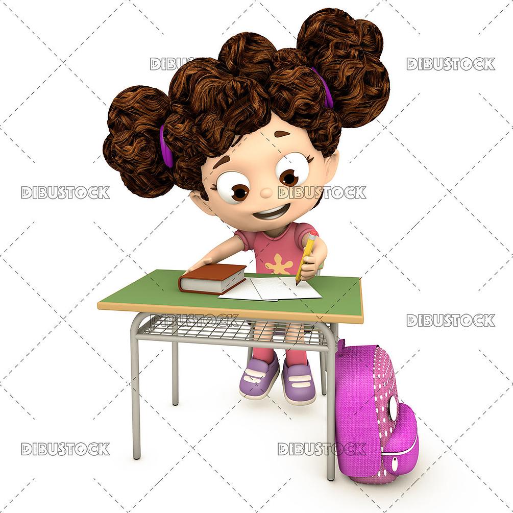 Little Girl Doing Homework In Class Sitting At Her Desk