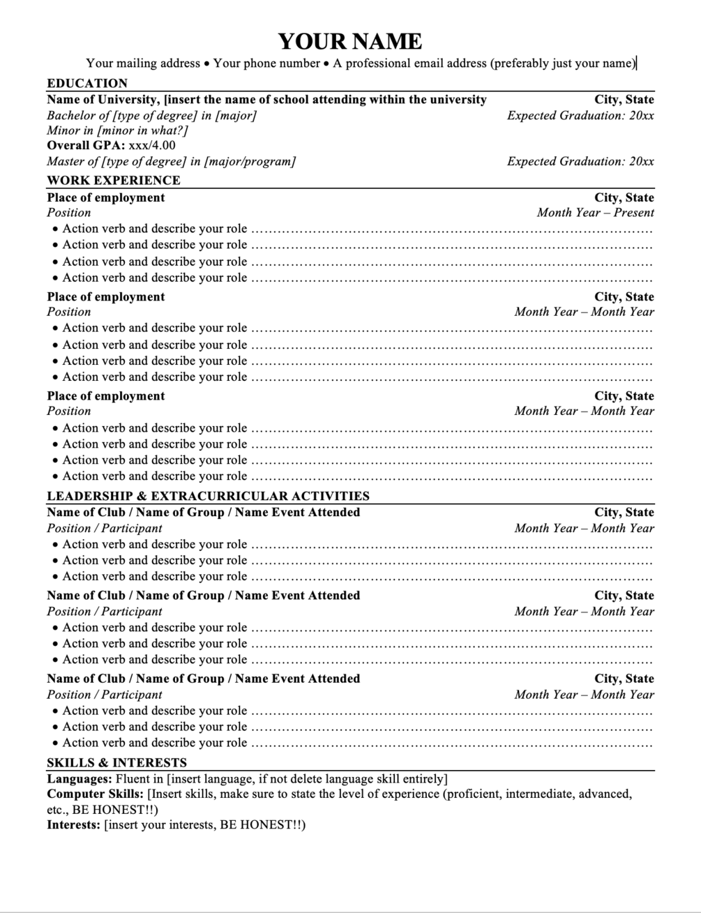 Resume Template for Internships and Entry Level Positions